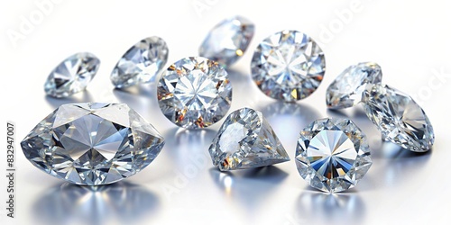 Set of sparkling diamonds on white background