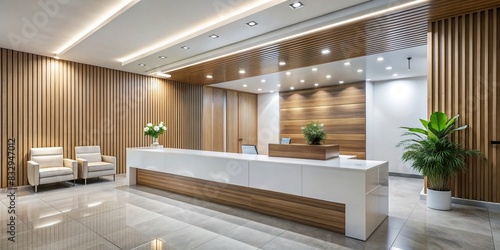 Reception counter lobby area with white and wood interior design