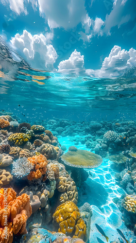 A panoramic view of a nature coral atoll  the vast expanse of water and corals creating a serene underwater landscape