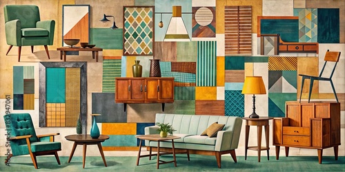 Abstract collage of vintage furniture and geometric shapes with paper cutouts and paint strokes photo