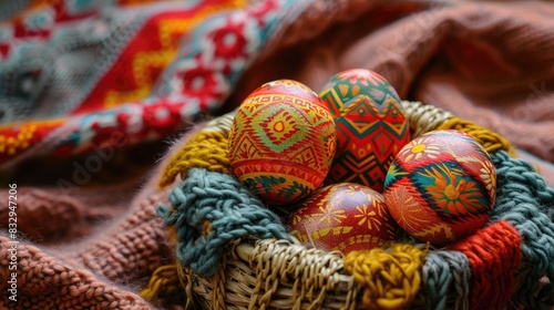 Easter eggs with colorful patterns rest in a basket on a knitted cloth © TheWaterMeloonProjec