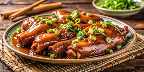 Plate of braised pork feet with savory brown sauce and garnished with sliced green onions photo