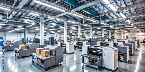 Portrait of a modern printing shop with rows of digital printing machines and shelves of printing supplies