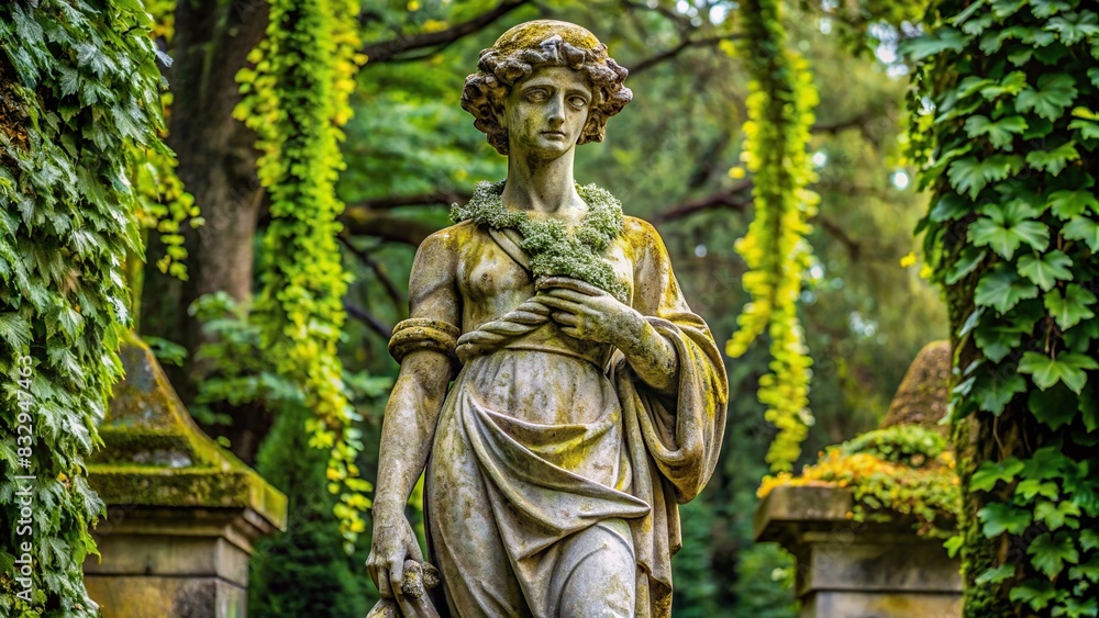 Detailed description A weathered stone statue of a person standing tall in a park, adorned with vines and moss