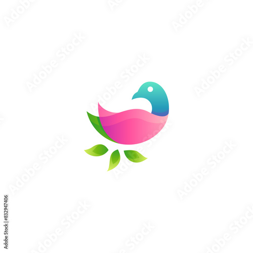 pigeon vector logo design with natural leaf elements with colorful gradient concept