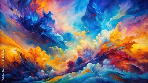 Vibrant abstract painting with blue, orange, purple, and yellow tones