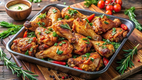 Tray of juicy fried chicken pieces with herbs and spices photo