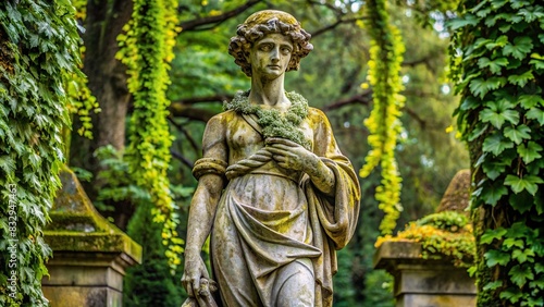 Detailed description A weathered stone statue of a person standing tall in a park, adorned with vines and moss