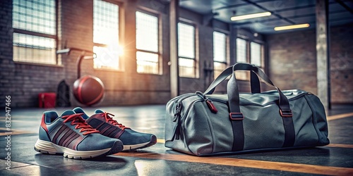 Sports shoes and duffle bag on gym flooring without any people in the picture photo