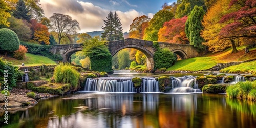 Tranquil landscape featuring majestic bridges and serene waterfalls in ancient UK parks