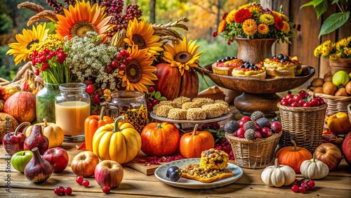 A beautifully arranged display of autumn-themed table decor featuring a mix of food, flowers, and fruits