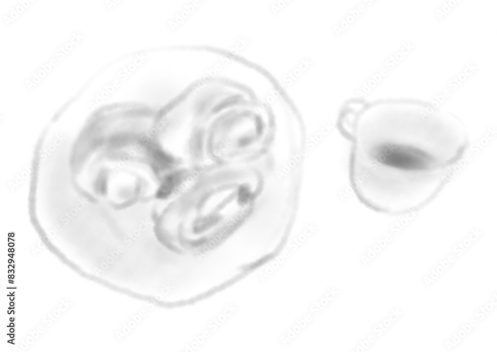 皿にのったシナモンロールとコーヒーの水彩風のイラスト 皿にのったシナモンロールとコーヒーの水彩風のイラスト