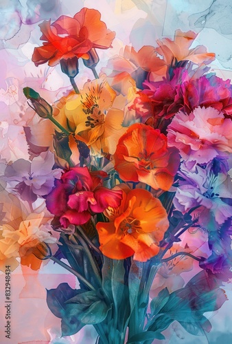 Fototapeta Naklejka Na Ścianę i Meble -  Vibrant blooms flowers and bouquets painted with watercolour brushes - lively illustrations featuring intricate designs and bright, resembling the soft, fluid strokes of watercolor painting, perfect
