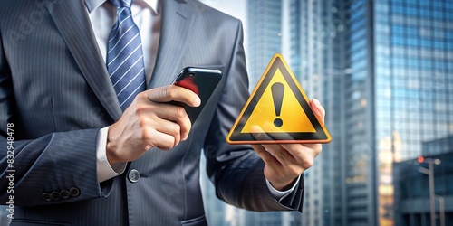 Caution in investing Economic situation warning, Businessman using smartphone with warning sign photo