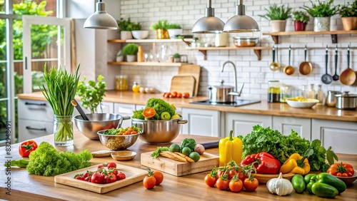 Organic ingredients being used to prepare healthy food in modern kitchen photo