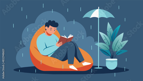 Nestled in a bean bag chair a person lazily reading a gripping mystery novel while rain gently falls outside.. Vector illustration