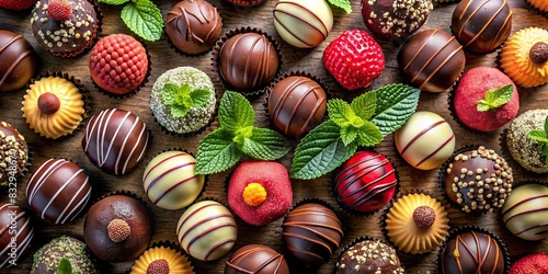 A top-down view of assorted handmade chocolate truffles filled with different flavors like caramel, raspberry, and mint photo