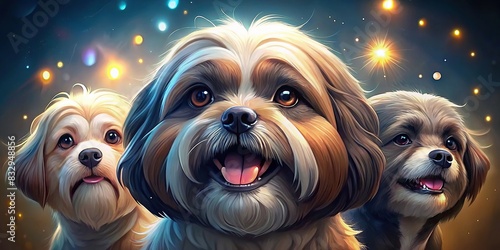 Headshot portrait of a smiling shih tzu playing with dogs on white background with glow effect photo