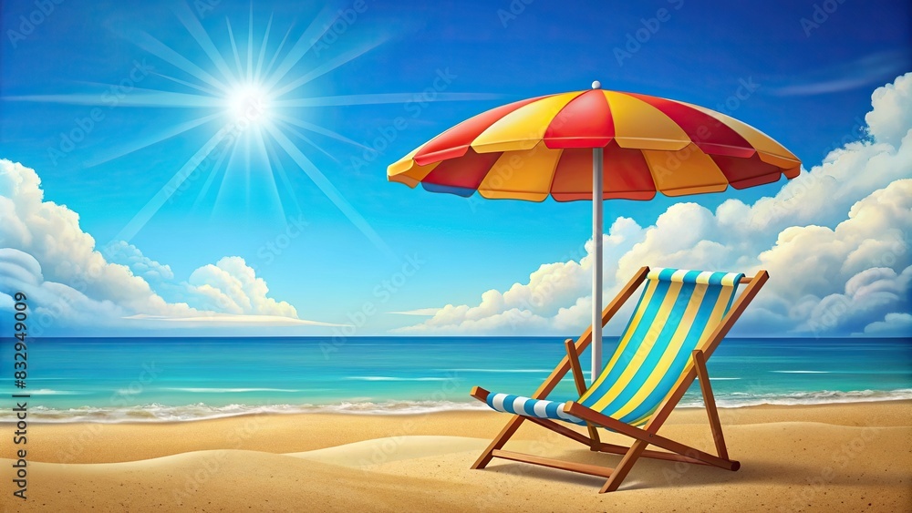 Colorful cartoon of a beach parasol and chair on a sunny summer holiday background