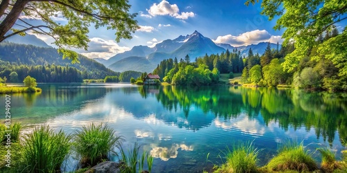 Idyllic scene of a lakeside surrounded by lush greenery and distant mountains photo