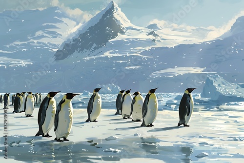 A colony of Emperor penguins waddling across a snowy beach with icebergs in the background. Render the penguins  distinctive markings and the vastness of the Antarctic landscape.