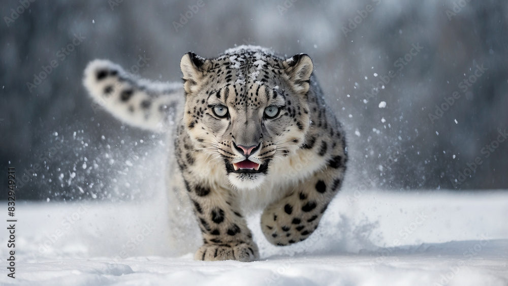 Fototapeta premium With its steady gaze and exquisitely mottled fur, the snow leopard is a mythical creature. This feline is endangered