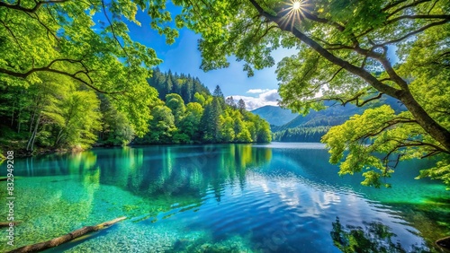 Tranquil lakeside scene with lush green foliage and clear blue water