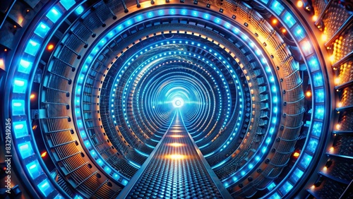 Vibrant spiral tunnels with metal patterns and blue lights