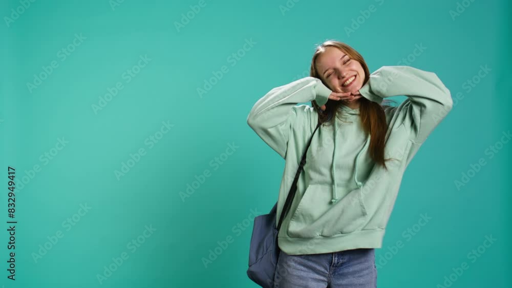 Young actress goofing around, switching emotions, trying different facial expressions, practicing for theatre class, studio background. Teenage woman making silly faces, camera B Young actress goofing around, switching emotions, trying different facial expressions, practicing for theatre class, studio background. Teenage woman making silly faces, camera B