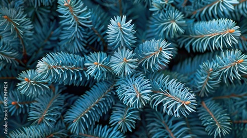 Close up of blue spruce tree branches close view of blue Christmas tree branches detailed image of short conifer tree needles on green background close look at Christmas tree needle texture