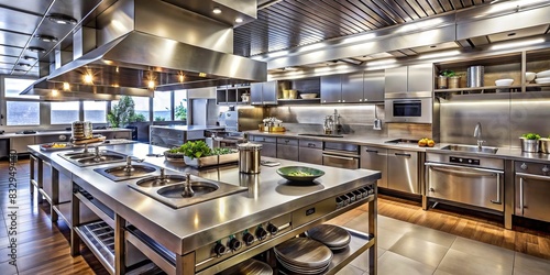 Upscale adult food chef restaurant kitchen with stainless steel appliances and modern design
