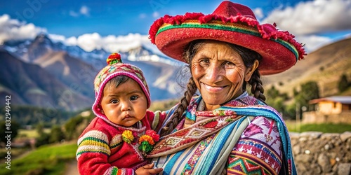 Peruvian woman holding a baby in traditional clothing photo