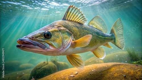 Closeup of a walleye fish swimming underwater in a freshwater lake photo