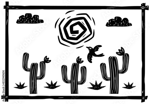 Semi-arid scenario. a sunny day with cacti and bird. vector in woodcut style