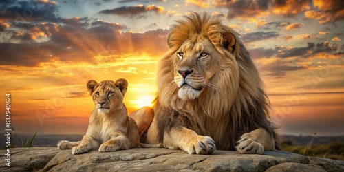 Lion and baby lion sitting together in a serene sunset scene