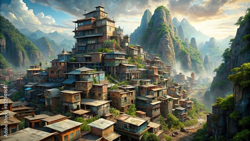 Futuristic render of a large slum in a mountainous environment photo