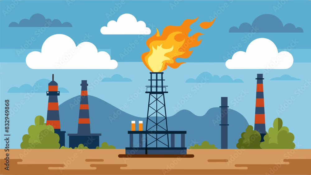 Naklejka premium The sound of roaring flames fills the air as plumes of smoke rise from the tall stack marking the gas flaring operation at the oil site.. Vector illustration
