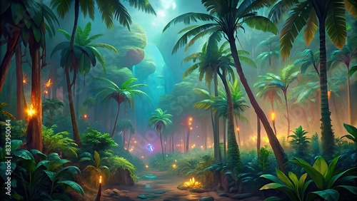 Palm trees in a lush jungle forest  decorated with a watercolor style and glowing effect