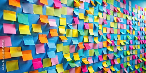 Colorful sticky notes covering a blue wall photo