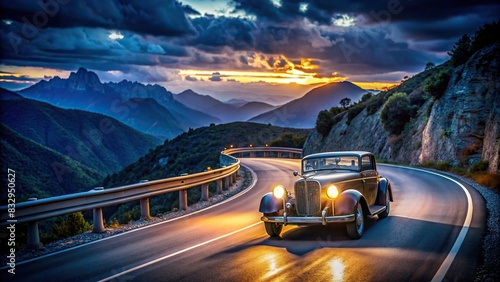 Thrilling ride through a winding road in a sky-black classic car