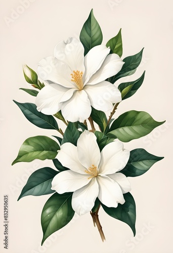 Vintage-Inspired Watercolor Painting of Gardenia Flower on White Background