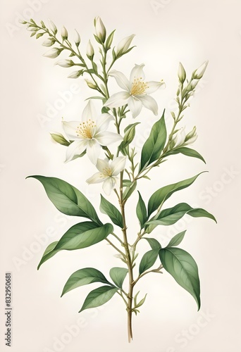 Beautiful Watercolor Painting of Jasmine Flowers on White Background