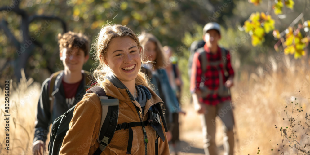 A close-up of students hiking on a nature trail, chatting and enjoying the scenery A close-up of students hiking on a nature trail, chatting and enjoying the scenery