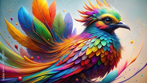 A vibrant bird with melodic rainbow feathers painted in surreal detail on a white canvas © wasan