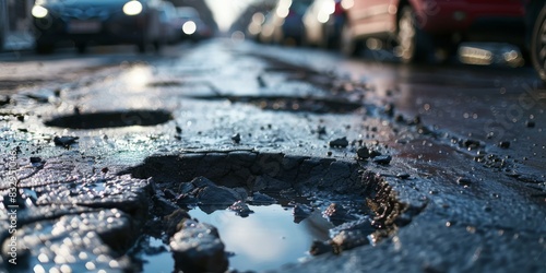 A close-up of potholes on a busy urban road, causing problems for passing vehicles.
