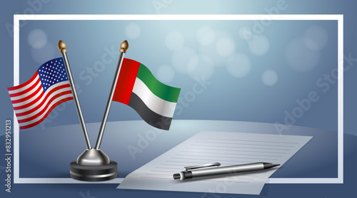 USA and United Arab Emirates Small national flag on bokeh background, cooperative relationship