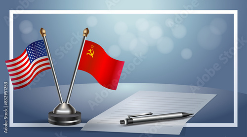USA and USSR Small national flag on bokeh background, cooperative relationship