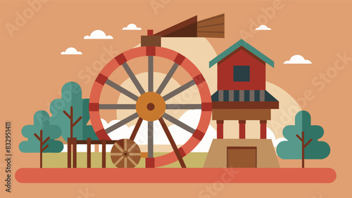 The waterwheel served as a popular spot for photographers and artists its rustic charm capturing the imagination.. Vector illustration