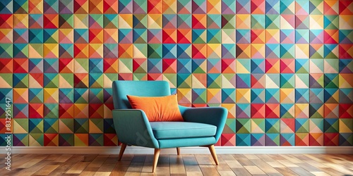 Colorful armchair against a geometric wall in a contemporary interior design photo