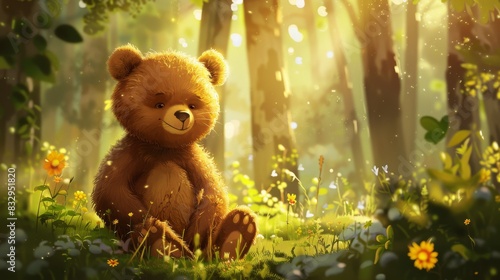 Illustration of cute bear sitting in the forest. © Bargais